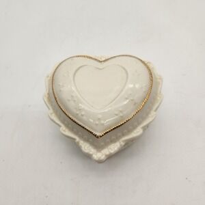 Ivory Porcelain Heart Trinket "Ever Green" Music Box Gold Trim Embossing Vintage